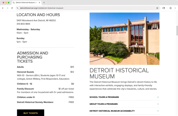 Detroit Historical Society website screenshot: Museum page