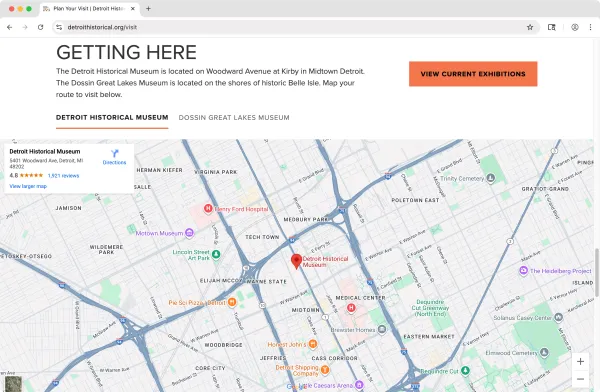 Detroit Historical Society website screenshot: Directions