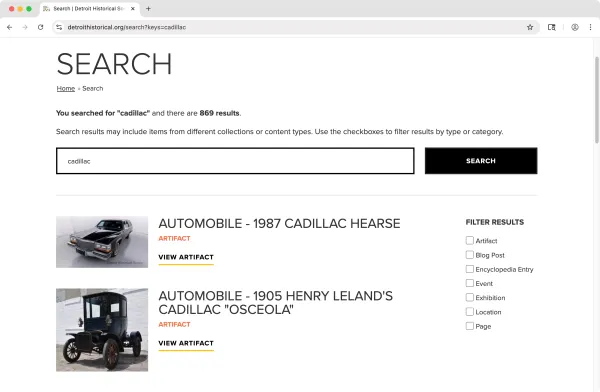 Detroit Historical Society website screenshot: Search page