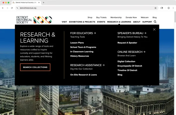Detroit Historical Society website screenshot: Menu