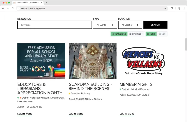 Detroit Historical Society website screenshot: Events listing