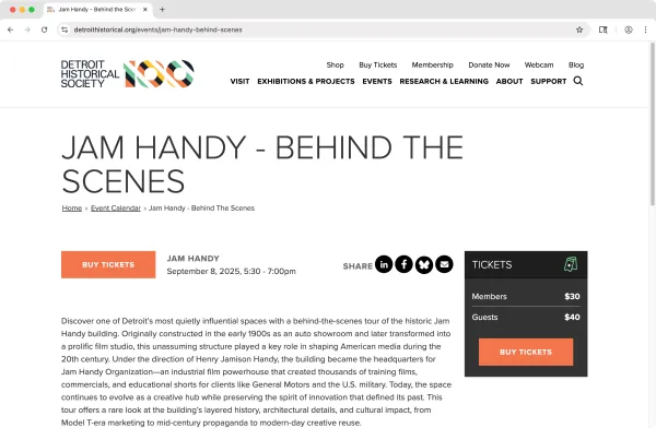 Detroit Historical Society website screenshot: Event page