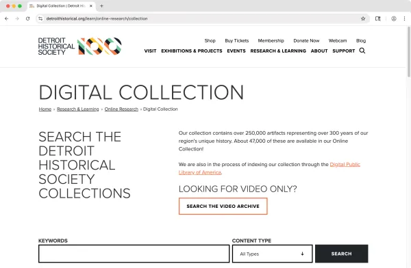 Detroit Historical Society website screenshot: Collection search
