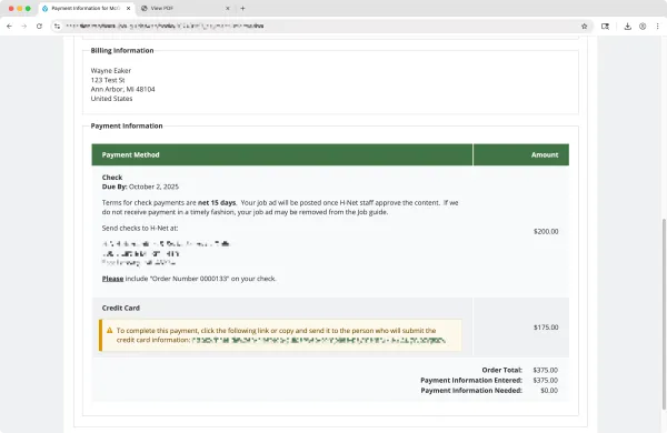 H-Net Job Guide screenshot: Payment Links and Information