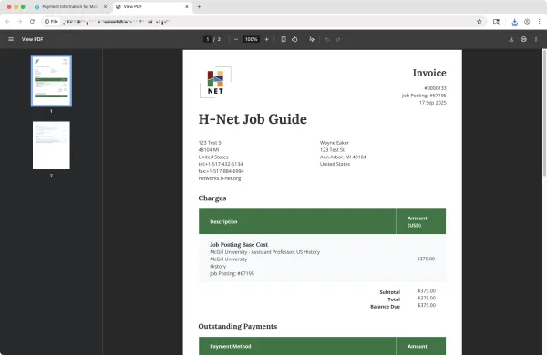 H-Net Job Guide screenshot: Invoice PDF